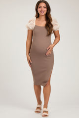 Mocha Rib Knit Contrast Puff Sleeve Maternity Midi Dress