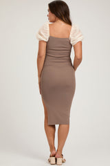 Mocha Rib Knit Contrast Puff Sleeve Maternity Midi Dress