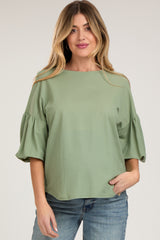 Light Olive Drop Shoulder Puff Sleeve Maternity Top