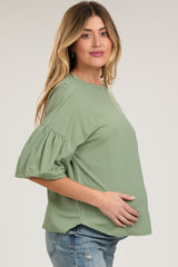 Light Olive Drop Shoulder Puff Sleeve Maternity Top