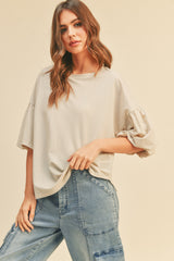 Beige Drop Shoulder Puff Sleeve Top