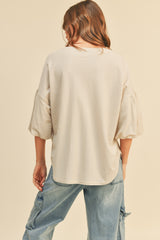 Beige Drop Shoulder Puff Sleeve Top