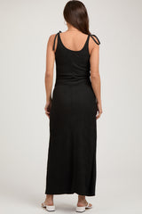 Black Textured Tie Strap Maternity Midi Dress