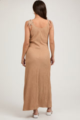 Mocha Textured Tie Strap Maternity Midi Dress