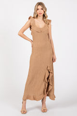 Mocha Textured Sleeveless Ruffle Slit Maternity Maxi Dress