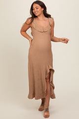 Mocha Textured Sleeveless Ruffle Slit Maternity Maxi Dress