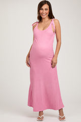 Pink Textured Tie Strap Maternity Midi Dress