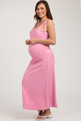 Pink Textured Tie Strap Maternity Midi Dress