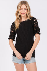 Black Open Knit Short Puff Sleeve Maternity Sweater Top