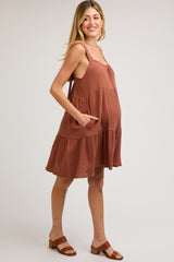 Mocha Sleeveless Tiered Ruffle Hem Maternity Dress