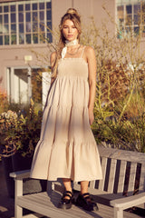 Beige Smocked Cut-Out Back Tiered Maternity Midi Dress