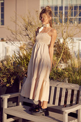 Beige Smocked Cut-Out Back Tiered Midi Dress