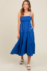 Royal Blue Smocked Cut-Out Back Tiered Midi Dress