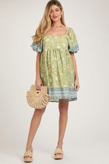 Light Green Floral Puff Sleeve Maternity Dress