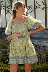 Light Green Floral Puff Sleeve Maternity Dress