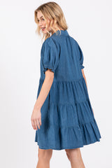 Blue Chambray Puff Sleeve Button Down Dress