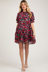 Black Abstract Floral Print Tiered Maternity Dress