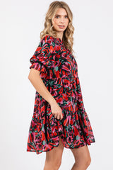 Black Abstract Floral Print Tiered Dress