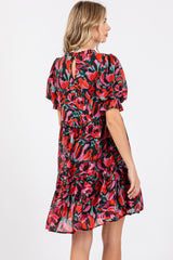 Black Abstract Floral Print Tiered Dress