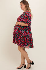 Black Floral Chiffon Mock Neck Tiered Maternity Plus Dress