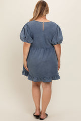 Light Blue Chambray Puff Sleeve Maternity Plus Dress