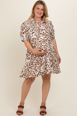 Camel Printed Collared Tiered Maternity Plus Dress