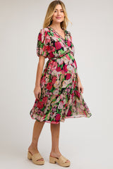 Black Floral Ruffle Tiered Maternity Midi Dress