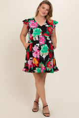 Black Floral Ruffle Accent Maternity Plus Dress