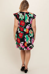 Black Floral Ruffle Accent Maternity Plus Dress