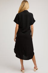 Black Button Down Front Pocket Maternity Midi Dress