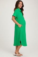 Green Button Down Front Pocket Maternity Midi Dress