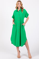 Green Button Down Front Pocket Maternity Midi Dress