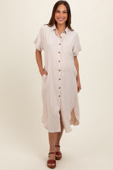 Beige Button Down Front Pocket Maternity Midi Dress