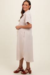 Beige Button Down Front Pocket Maternity Midi Dress