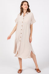 Beige Button Down Front Pocket Maternity Midi Dress