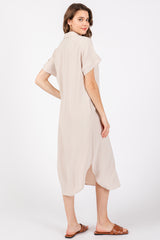 Beige Button Down Front Pocket Midi Dress