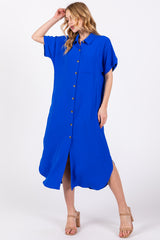 Royal Blue Button Down Front Pocket Maternity Midi Dress