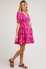 Fuchsia Floral Smocked V-Neck Ruffle Maternity Dress