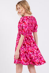 Fuchsia Floral Smocked V-Neck Ruffle Dress