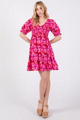 Fuchsia Floral Smocked V-Neck Ruffle Dress