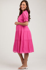 Fuchsia Ruffle Trim Tiered Maternity Dress