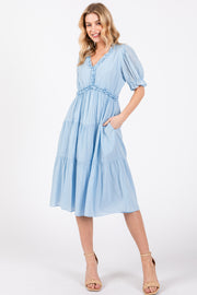 Light Blue Ruffle Trim Tiered Dress