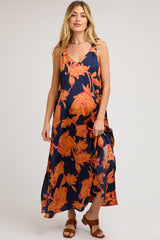 Navy Floral Ruched Strap V-Neck Maternity Midi Dress