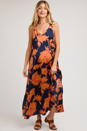 Navy Floral Ruched Strap V-Neck Maternity Midi Dress