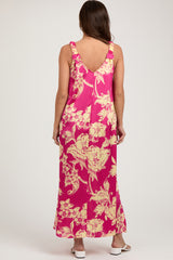 Fuchsia Floral Ruched Strap V-Neck Maternity Midi Dress