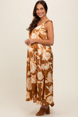 Mocha Floral Ruched Strap V-Neck Maternity Midi Dress