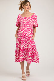 Fuchsia Square Neck Smocked Ruffle Maternity Midi Dress