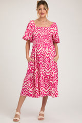 Fuchsia Square Neck Smocked Ruffle Maternity Midi Dress