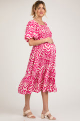 Fuchsia Square Neck Smocked Ruffle Maternity Midi Dress