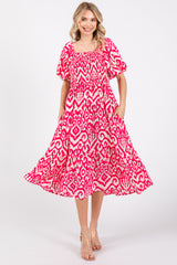 Fuchsia Square Neck Smocked Ruffle Midi Dress